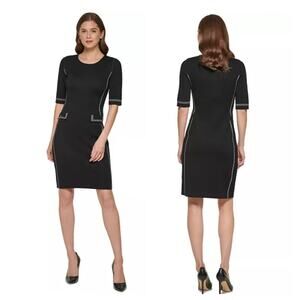 DKNY Sweater Sheath Bodycon Dress Sz S Black White Contrast Stitching Career NEW